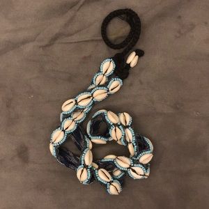 Boho White shell, Aqua bead and cloth tie belt 35”